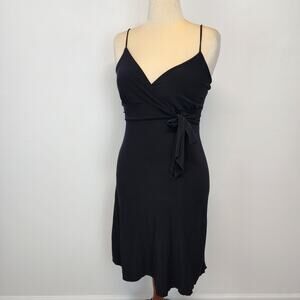 Vtg Y2K Perseption Black Bodycon Dress Size M Tie Front Stretch Jersey V-neck